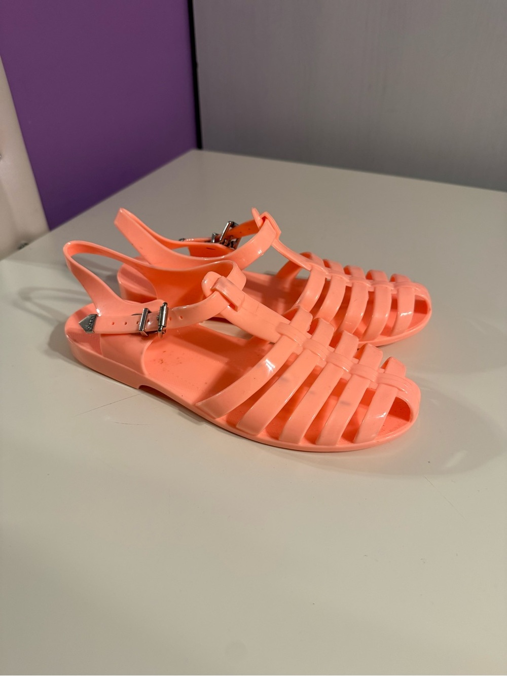Peach Aldo Jelly Sandals with Buckle. Size 6.5